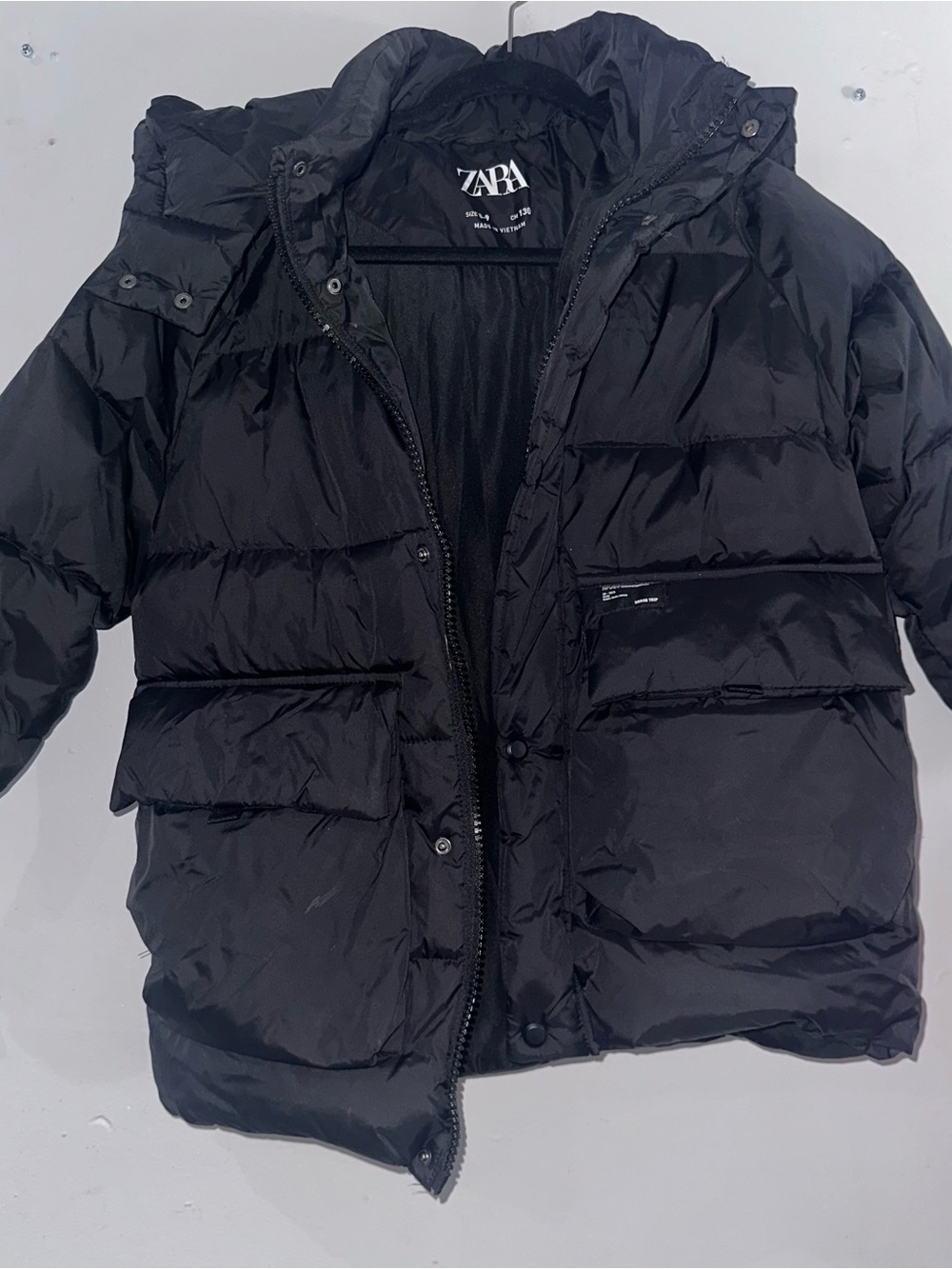 Zara Kids Black Puffer Jacket with Hood and Front Flap Pockets